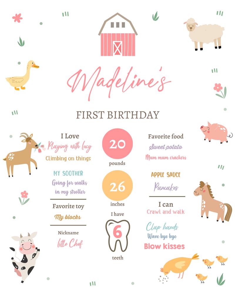 Pink Farm Animals Girl Birthday Milestone Sign | Editable Canva Template
