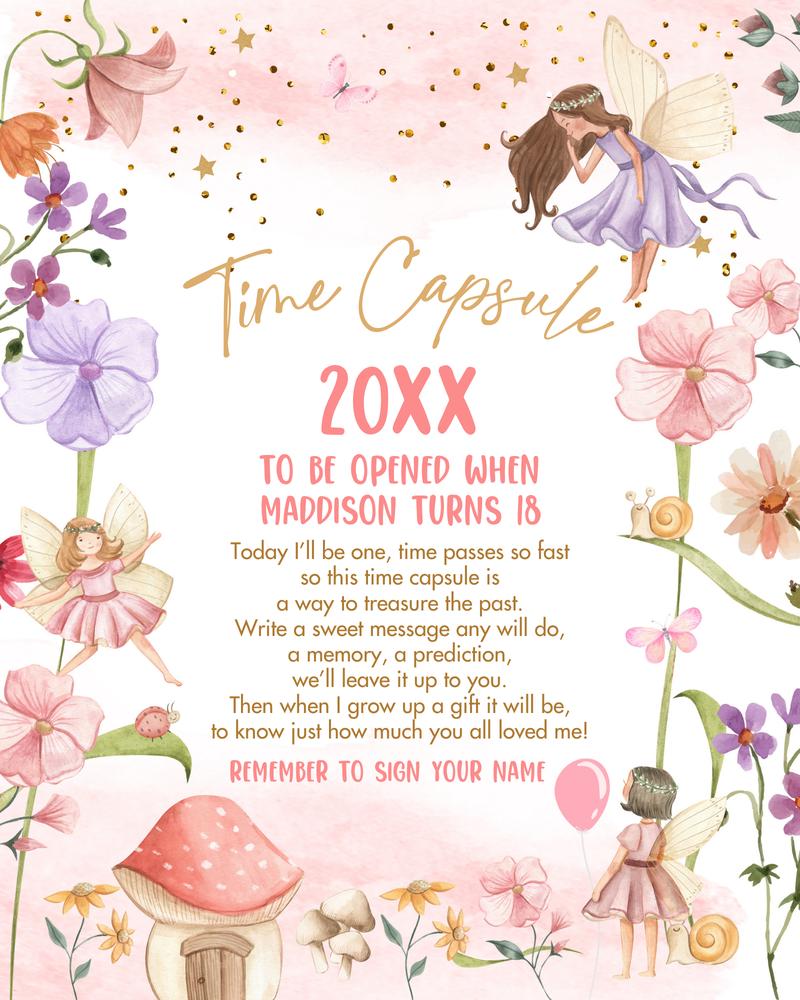 Fairy First Birthday Time Capsule Template | Editable Pink & Purple Fairy Garden