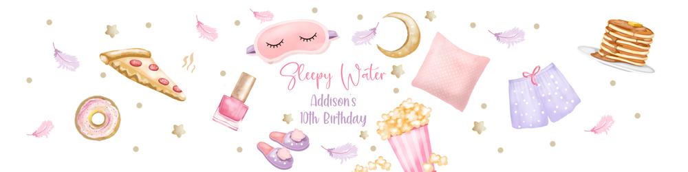 Editable Pink Sleepover Water Bottle Labels | Pizza Popcorn Slumber Party Decor