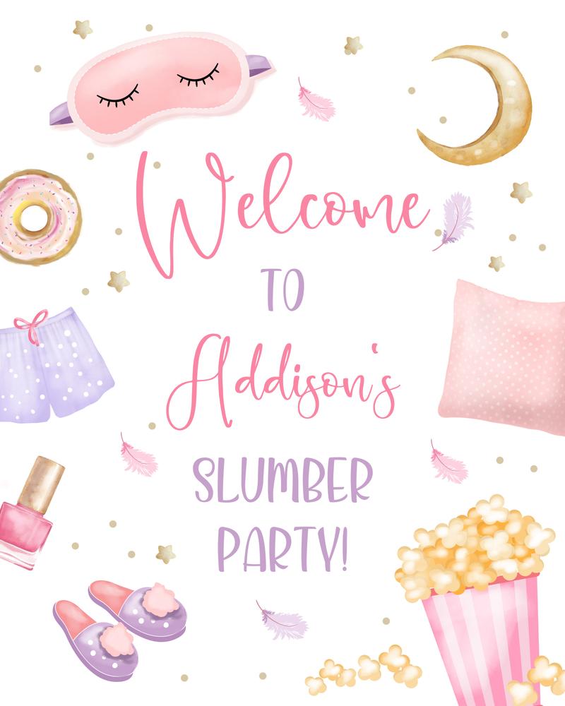 Editable Sleepover Birthday Welcome Sign | Slumber Party Canva Template 16x20