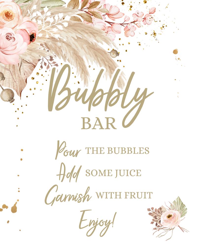 Bubbly Bar Sign Template | Boho Pampas Grass Bridal Shower Decor | 8x10 Canva