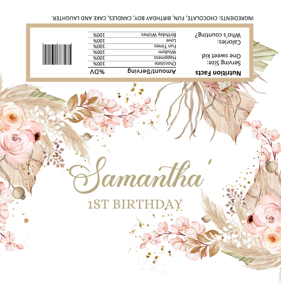 Boho Pampas Grass 1st Birthday Candy Bar Wrapper - Editable Canva Template