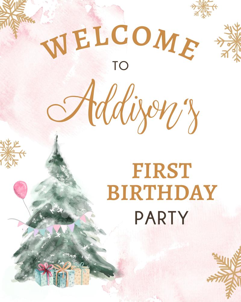 Pink Winter Onederland Welcome Sign | Editable 1st Birthday Canva Template
