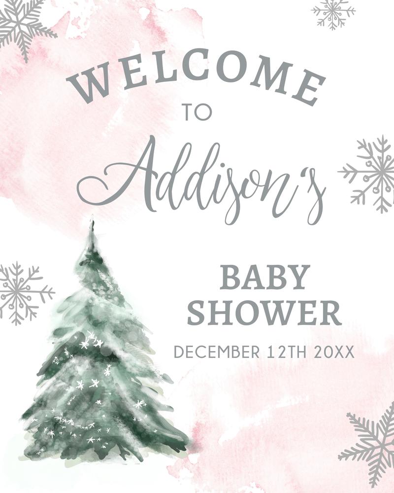 Winter Wonderland Baby Shower Welcome Sign | Pink Tree Editable Canva Template