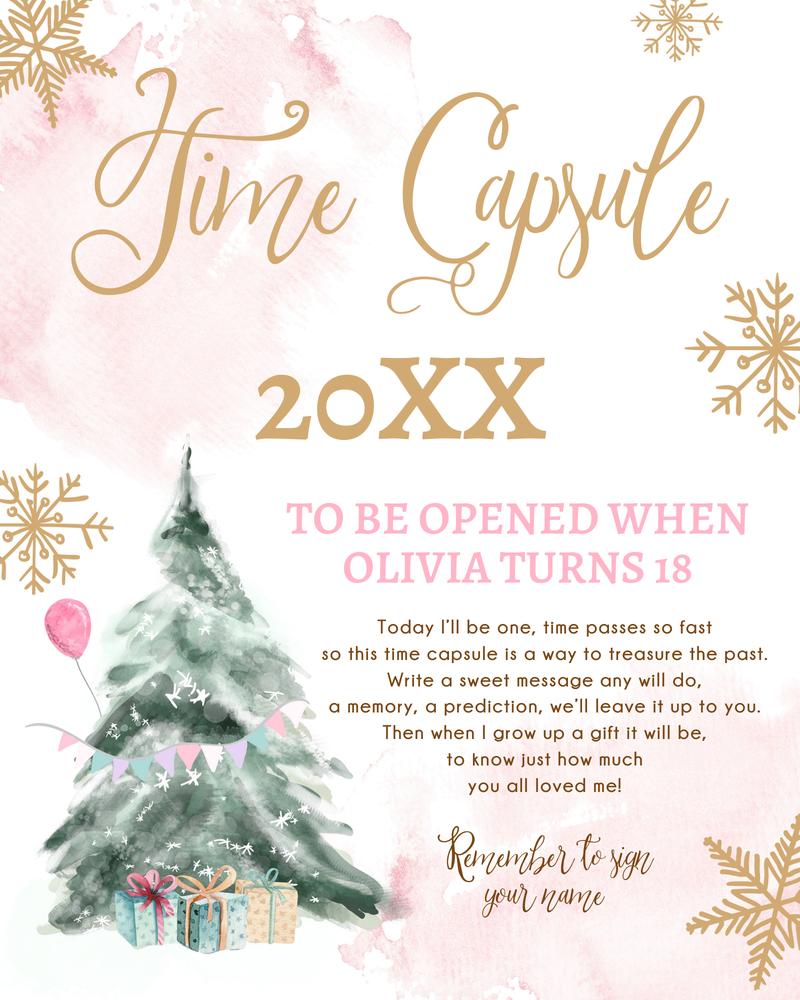 Pink Winter Onederland Time Capsule Template | Editable Girl 1st Birthday Signs