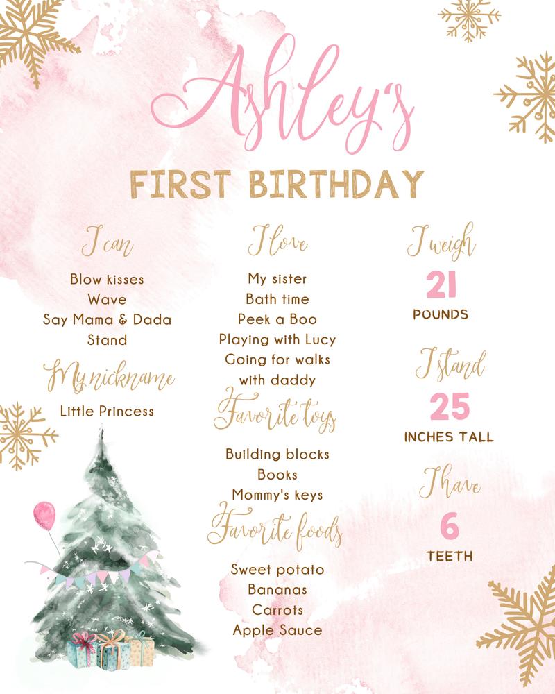 Winter Onederland Birthday Milestone Sign Canva Template | Pink & Gold Girl