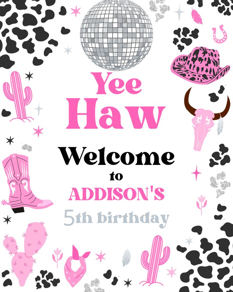 Space Cowgirl Birthday Welcome Sign | Pink Disco Rodeo Canva Template