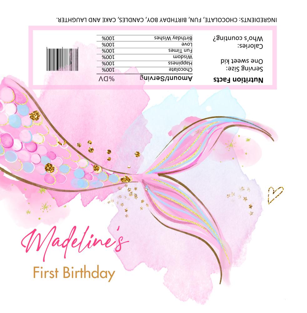 Editable Mermaid Chocolate Bar Wrapper - Girl Birthday Candy Bar Label Canva