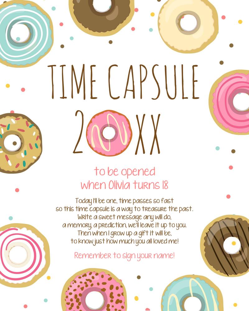 Editable Donut First Birthday Time Capsule Template | Girls Donut Grow Up Decor