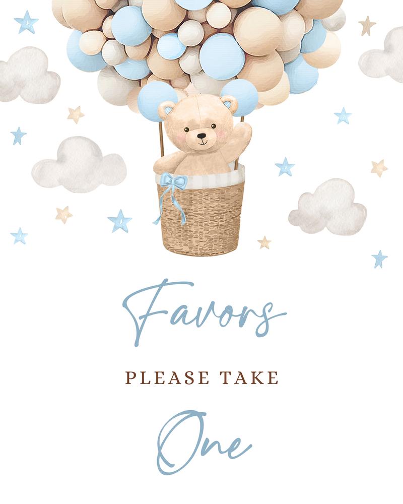 Blue Teddy Bear Hot Air Balloon Baby Shower Favor Sign Canva Template