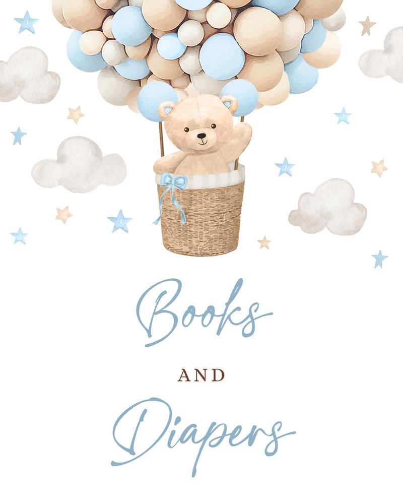 Blue Teddy Bear Hot Air Balloon Baby Shower Books & Diapers Sign Canva Template