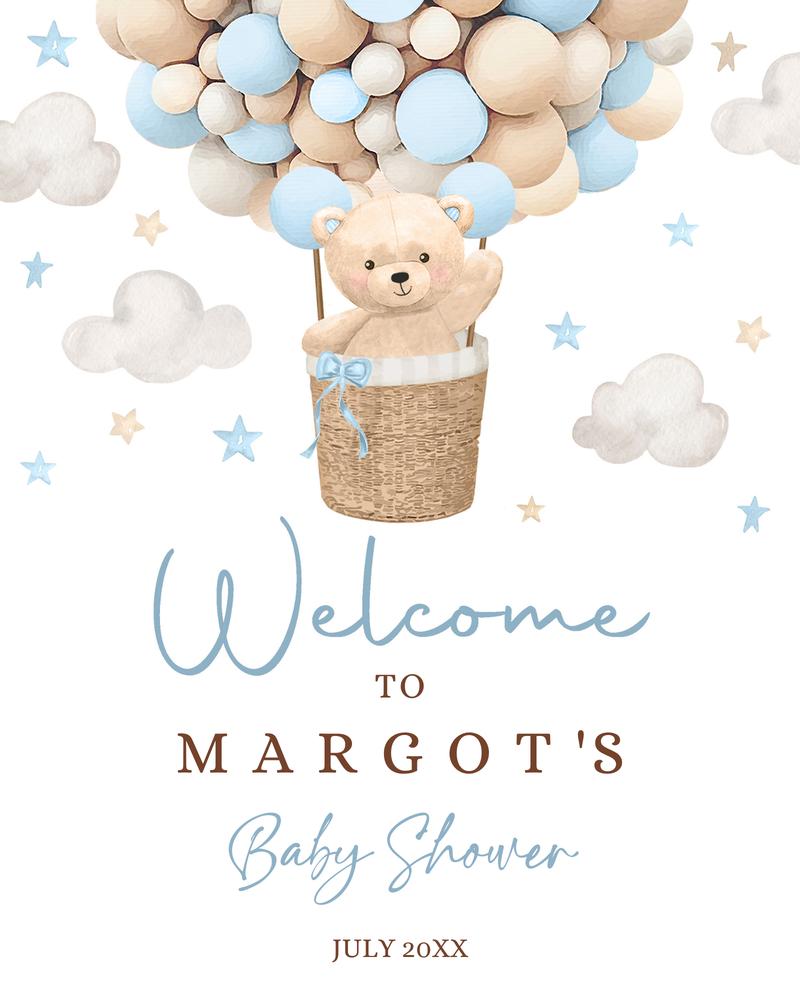Blue Teddy Bear Hot Air Balloon Baby Shower Welcome Sign | Editable Canva Template