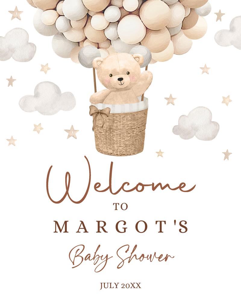 Teddy Bear Hot Air Balloon Baby Shower Welcome Sign | Editable Canva Template