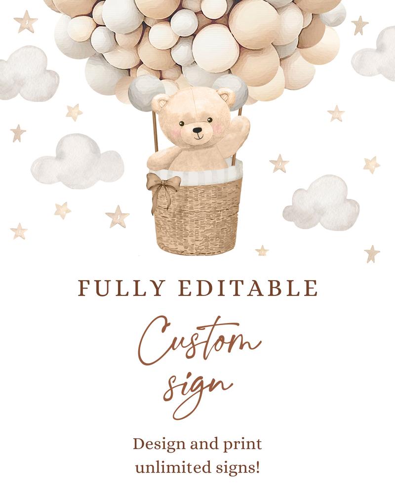 Teddy Bear Hot Air Balloon Baby Shower Sign | Editable Canva Template