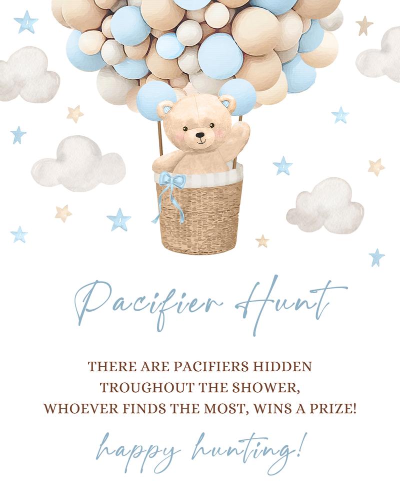 Blue Teddy Bear Hot Air Balloon Pacifier Hunt Sign | Editable Canva Template