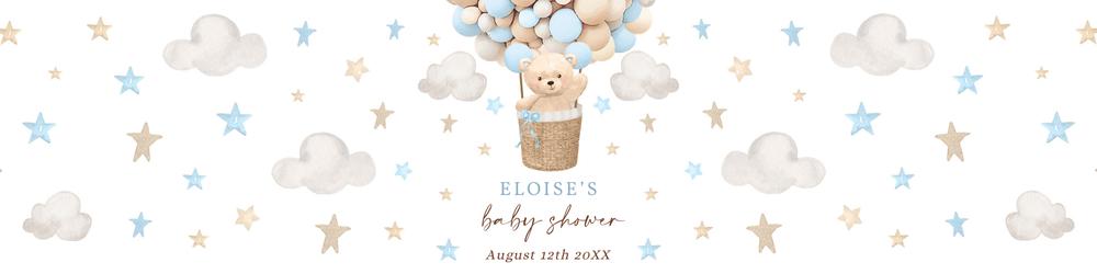 Teddy Bear Hot Air Balloon Water Bottle Labels - Blue Baby Shower Canva Template