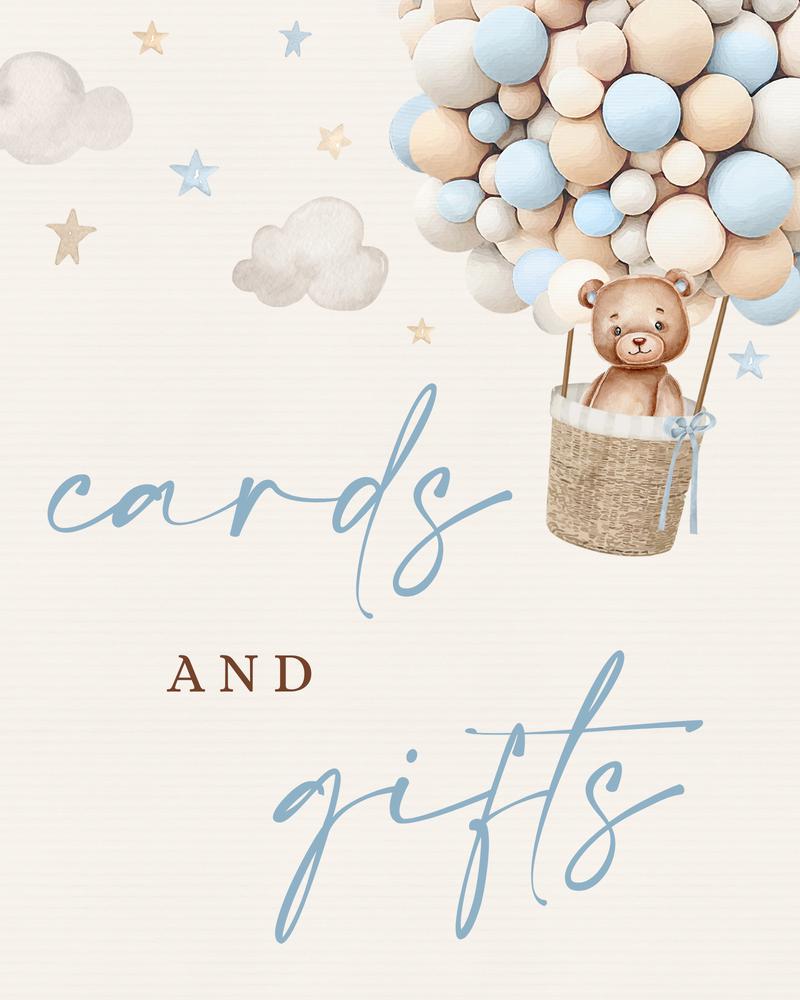 Blue Teddy Bear Hot Air Balloon Baby Shower Cards and Gifts Sign Template