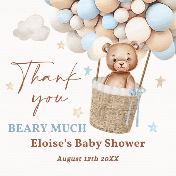 Blue Teddy Bear Hot Air Balloon Baby Shower Favor Tags | Editable Canva Template