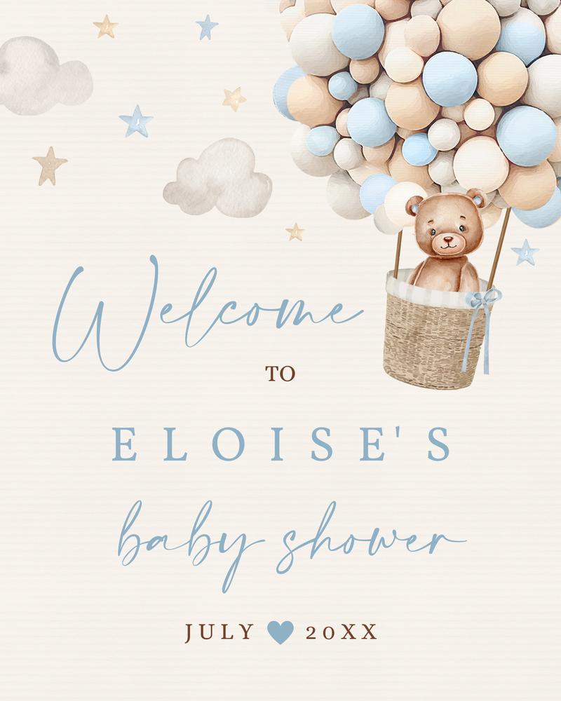 Blue Teddy Bear Hot Air Balloon Baby Shower Welcome Sign Canva Template