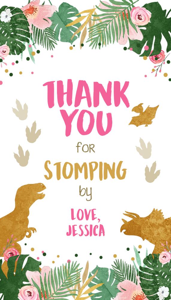Pink & Gold Dinosaur Birthday Favor Tags | Editable Canva Girl Dino Thank You Tag