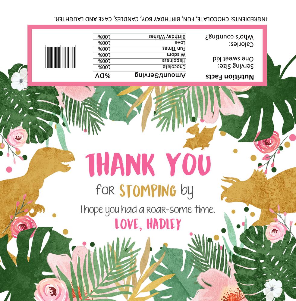 Pink Dinosaur Candy Bar Wrapper Template, Editable Girl Safari Chocolate Label