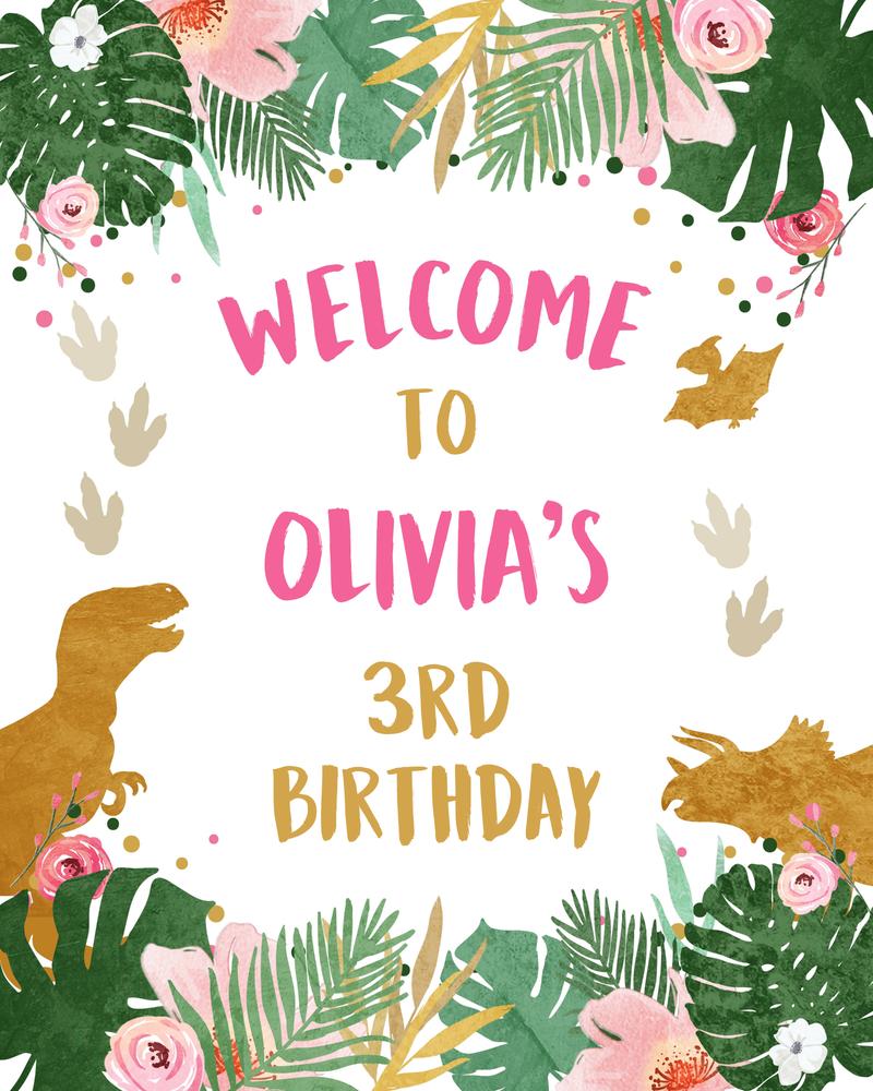 Editable Pink and Gold Girl Dinosaur Birthday Welcome Sign Canva Template