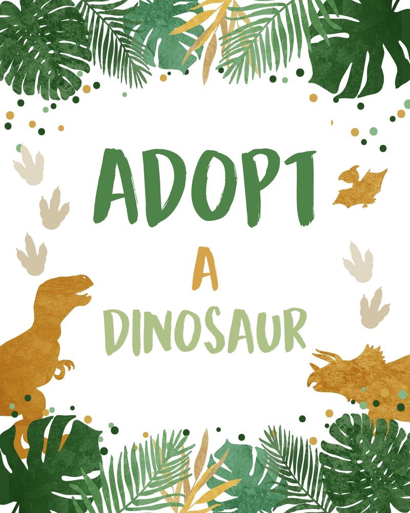 Adopt a Dinosaur Sign Template | Green & Gold Dino Birthday Table Decor