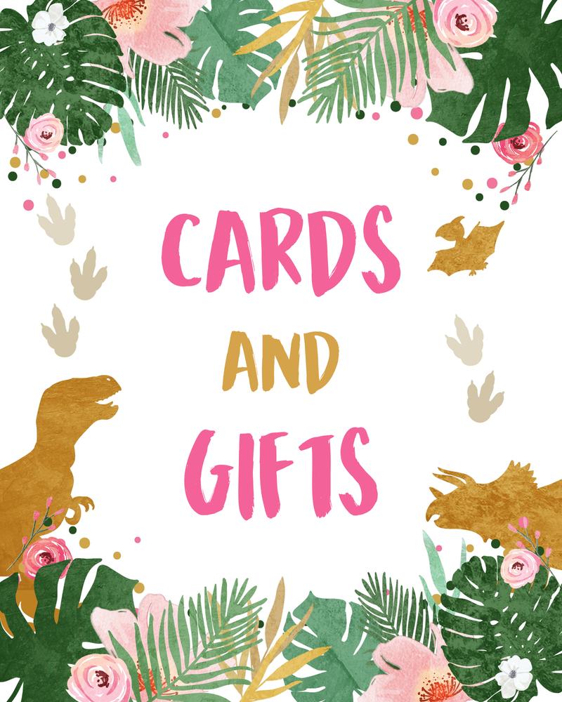 Pink Dinosaur Cards and Gifts Sign Template | Girl Dino Birthday Decor