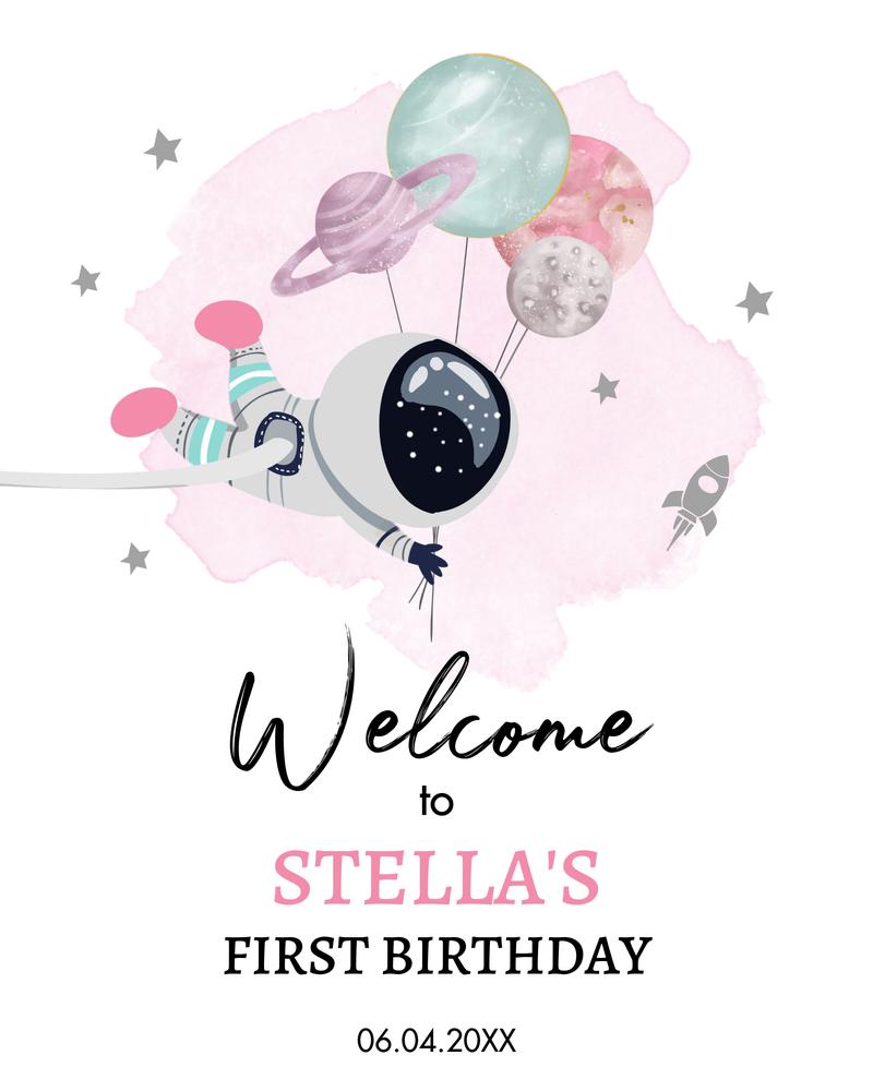 Outer Space 1st Birthday Welcome Sign, Pink Galaxy Girl Canva Template