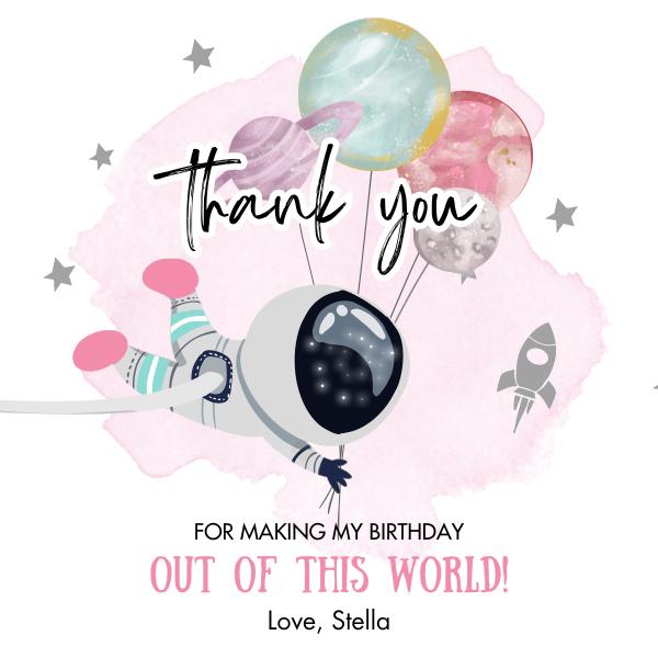 Pink Outer Space Astronaut Favor Tags - Girls Galaxy Birthday Thank You Sticker