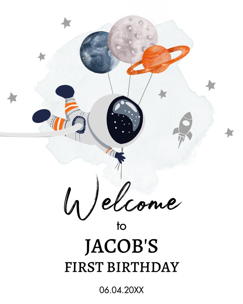 Outer Space 1st Birthday Welcome Sign | Galaxy Trip Around the Sun Canva Template