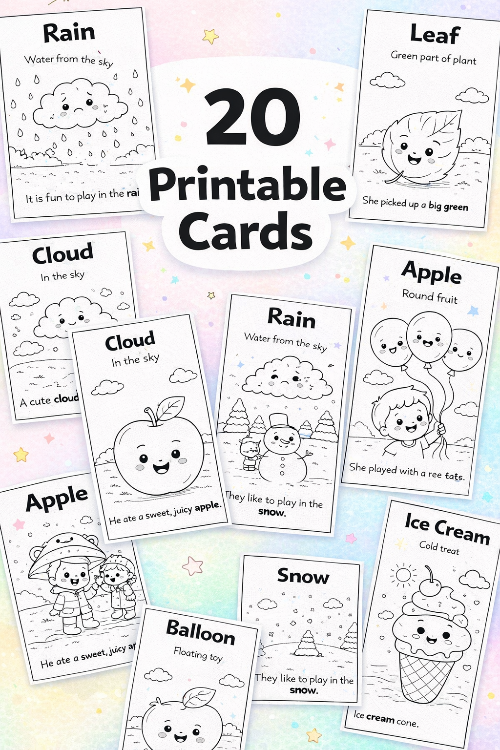 Fun Visual Pack – Kids Vocabulary Coloring Cards (20 Cute Learning Flashcards)