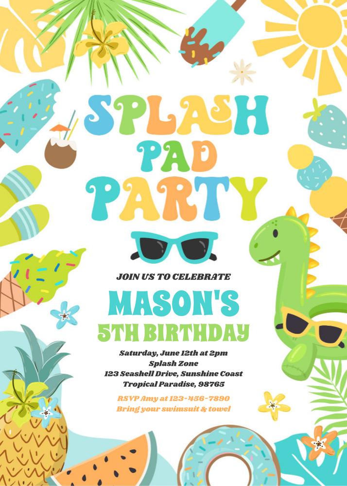 Tropical Splash Pad Birthday Invitation | Editable Canva Summer Party Template