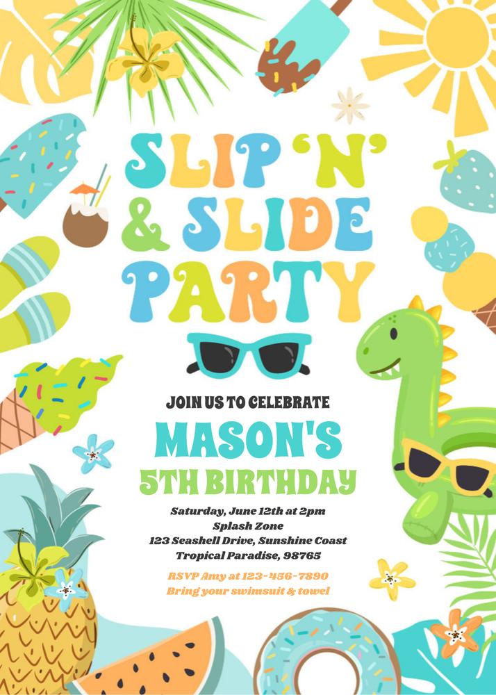 Slip N Slide Splash Pad Birthday Invitation | Editable Summer Party Canva Template