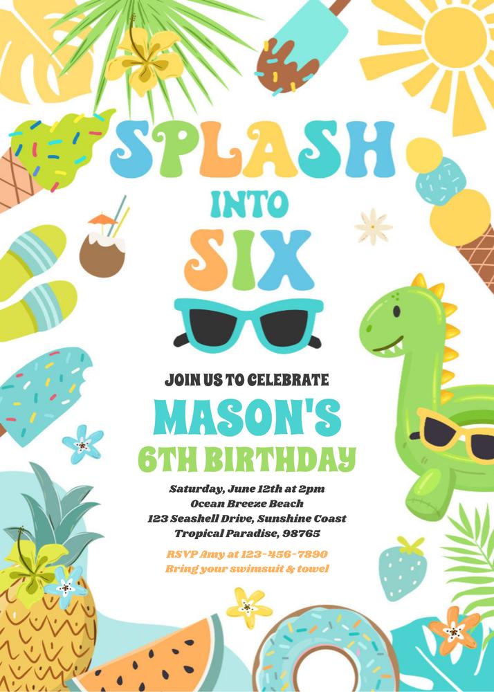 Splash Into Six Tropical Beach 6th Birthday Invitation - Canva Template