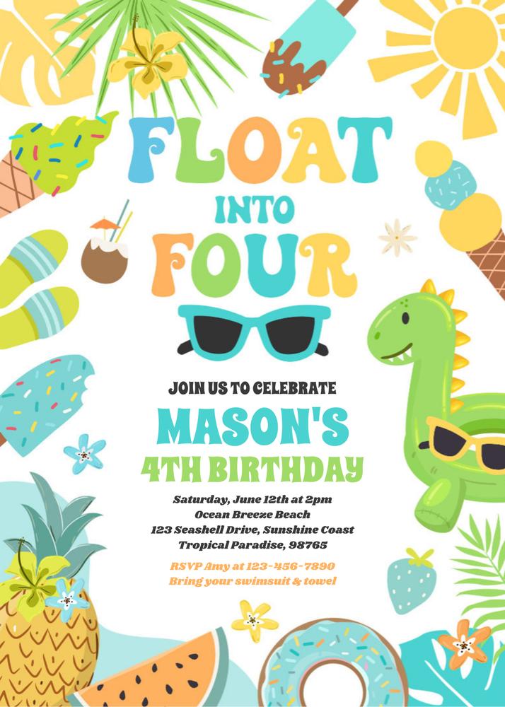 Editable Tropical 4th Birthday Invite | Float Into Four Beach Party Canva Template
