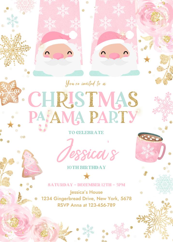 Pink Gold Floral Christmas Pajama Birthday Invitation | Editable Canva Template
