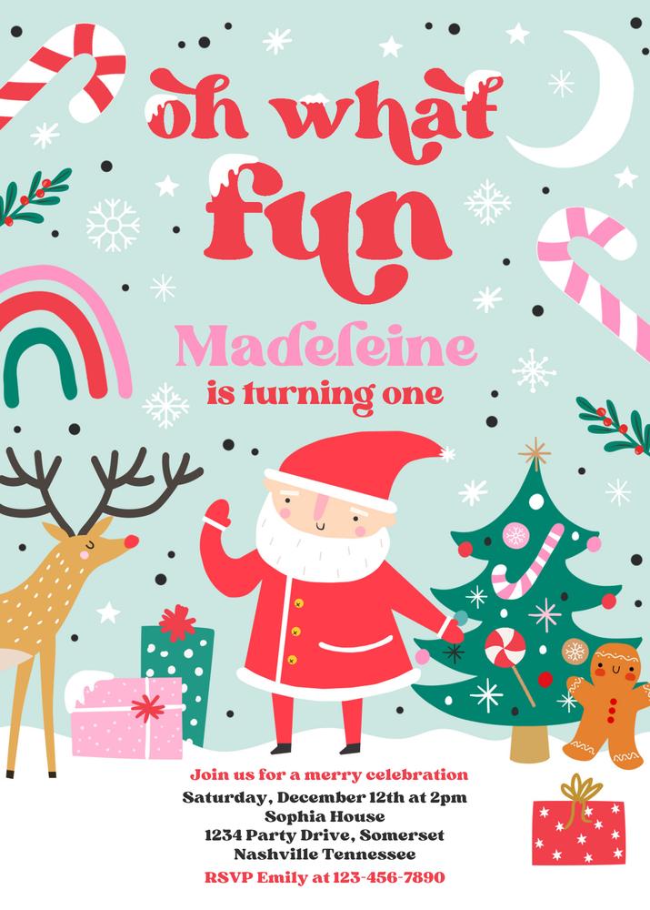 Oh What Fun Christmas Birthday Invitation | Pink & Red Editable Canva Template