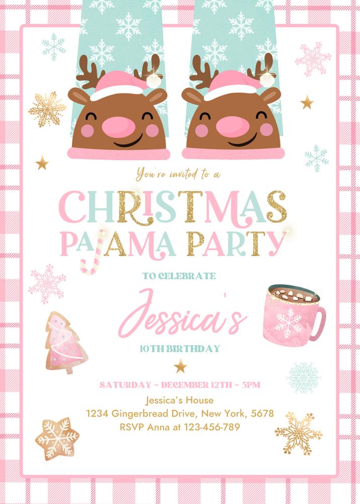 Editable Christmas Pajama Party Invite | Pink & Gold Holiday Slumber Party
