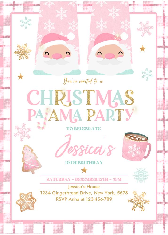 Christmas Pajama Birthday Invite | Girly Pink Gold Holiday Slumber Party Canva