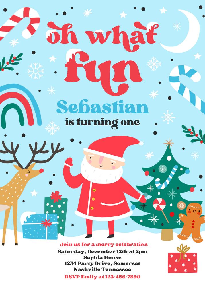 Oh What Fun Christmas Birthday Invitation | Editable Boy Santa Party Template