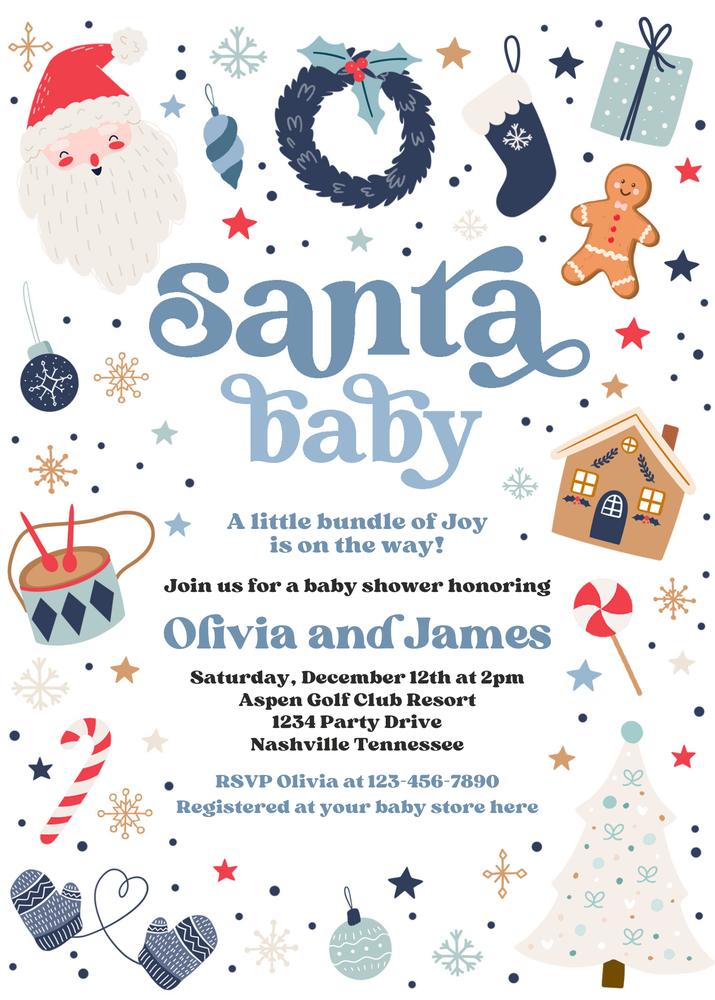 Santa Baby Shower Invitation | Editable Blue & Red Christmas Canva Template