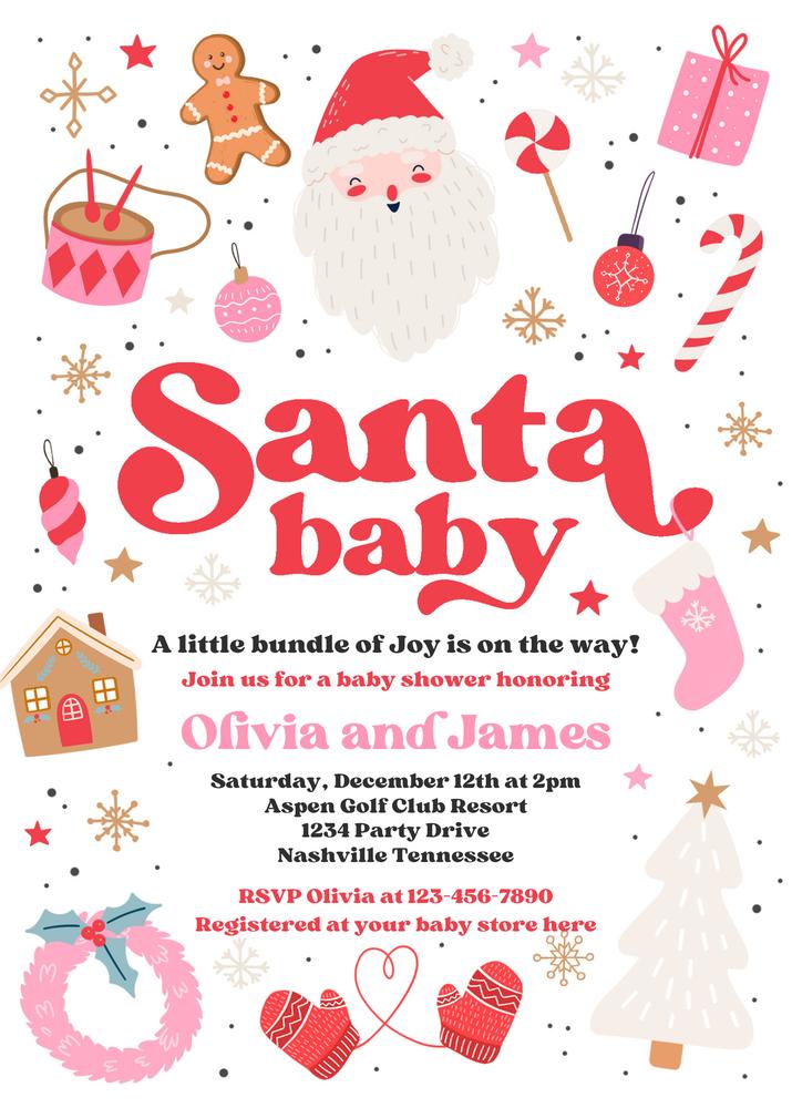 Editable Santa Baby Shower Invitation | Pink & Red Christmas Canva Template