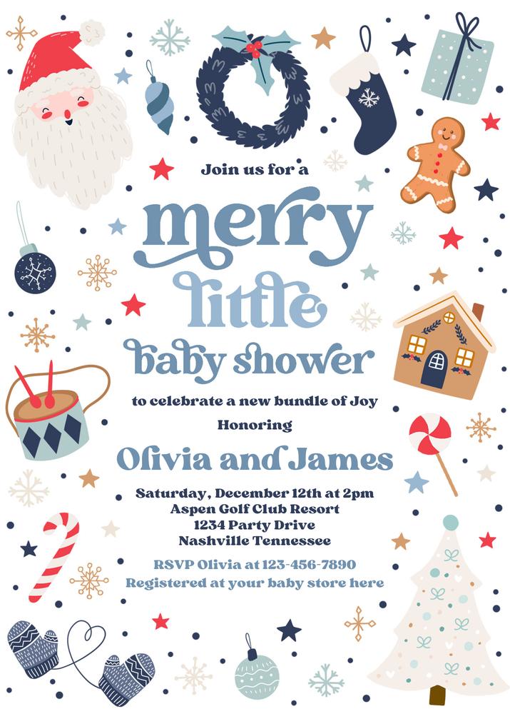 Merry Little Baby Shower Invitation | Santa & Christmas Tree Canva Template