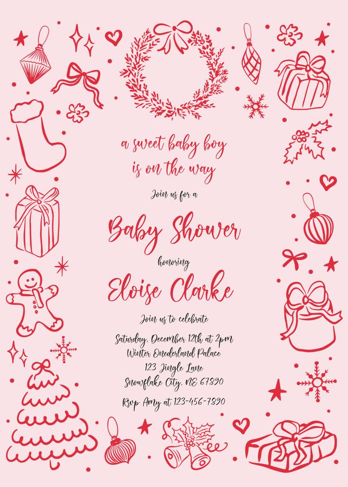 Christmas Bow Baby Shower Invitation | Editable Girl Coquette Holiday Template