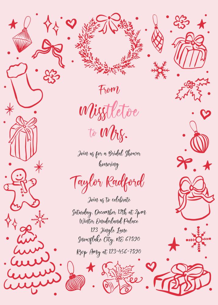 Mistletoe to Mrs Christmas Bridal Shower Invitation | Canva Coquette Bow Template