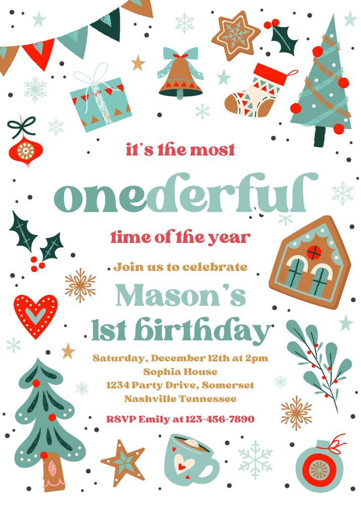 ONEderful Time of the Year 1st Birthday Invite | Christmas Boy Canva Template