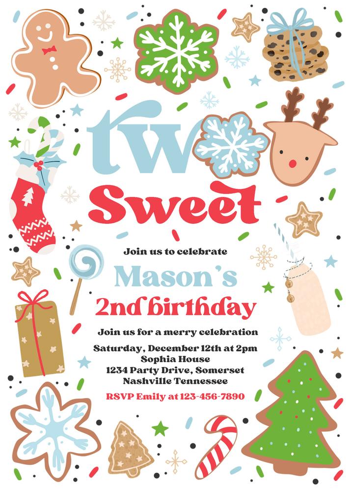 Editable Two Sweet Christmas 2nd Birthday Invitation | Cookie Party Canva