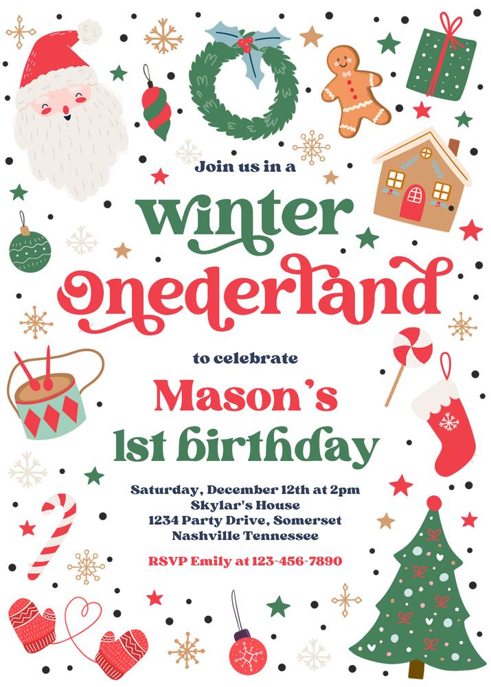 Winter ONEderland 1st Birthday Invitation | Blue & Red Christmas Canva Template
