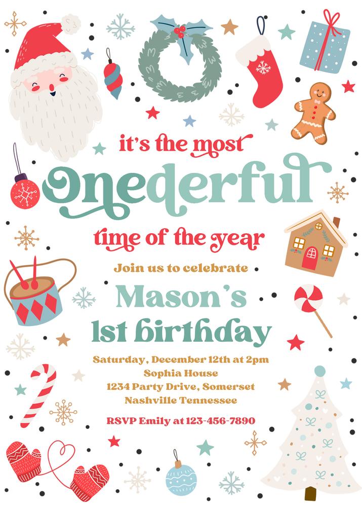 Christmas 1st Birthday Invitation | ONEderful Time Of The Year Canva Template